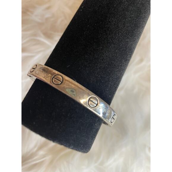 Logo Silver Toned Bangle Bracelet Hinged Heavy - Picture 5 of 8